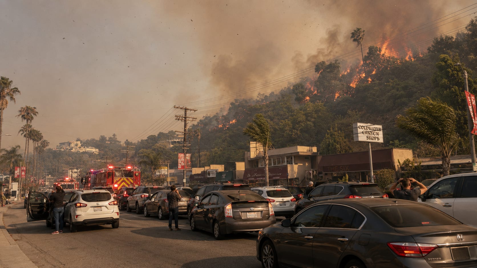 Photo-based simulation of traffic congestion and hillside fire conditions near Studio City during a potential emergency evacuation.